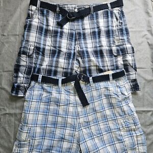 Foundry Supply Shorts (2) Mens 48 Blue Plaid Belted Chino Flat Front Workwear 11